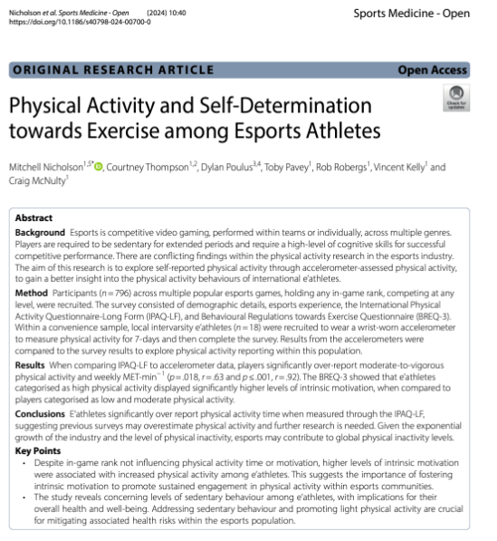 DrSethJenny's tweet photo. New citation of our #esports research:

"Physical Activity &amp; Self-Determination towards Exercise among Esports Athletes"

Congrats @motchhh @Craigmcnulty0 @DylanPoulus 

Players sig. over report physical activity time when measured thru IPAQ-L!

Full text: https://t.co/SXFjYNO0Bb https://t.co/WEQSjVsw6P
