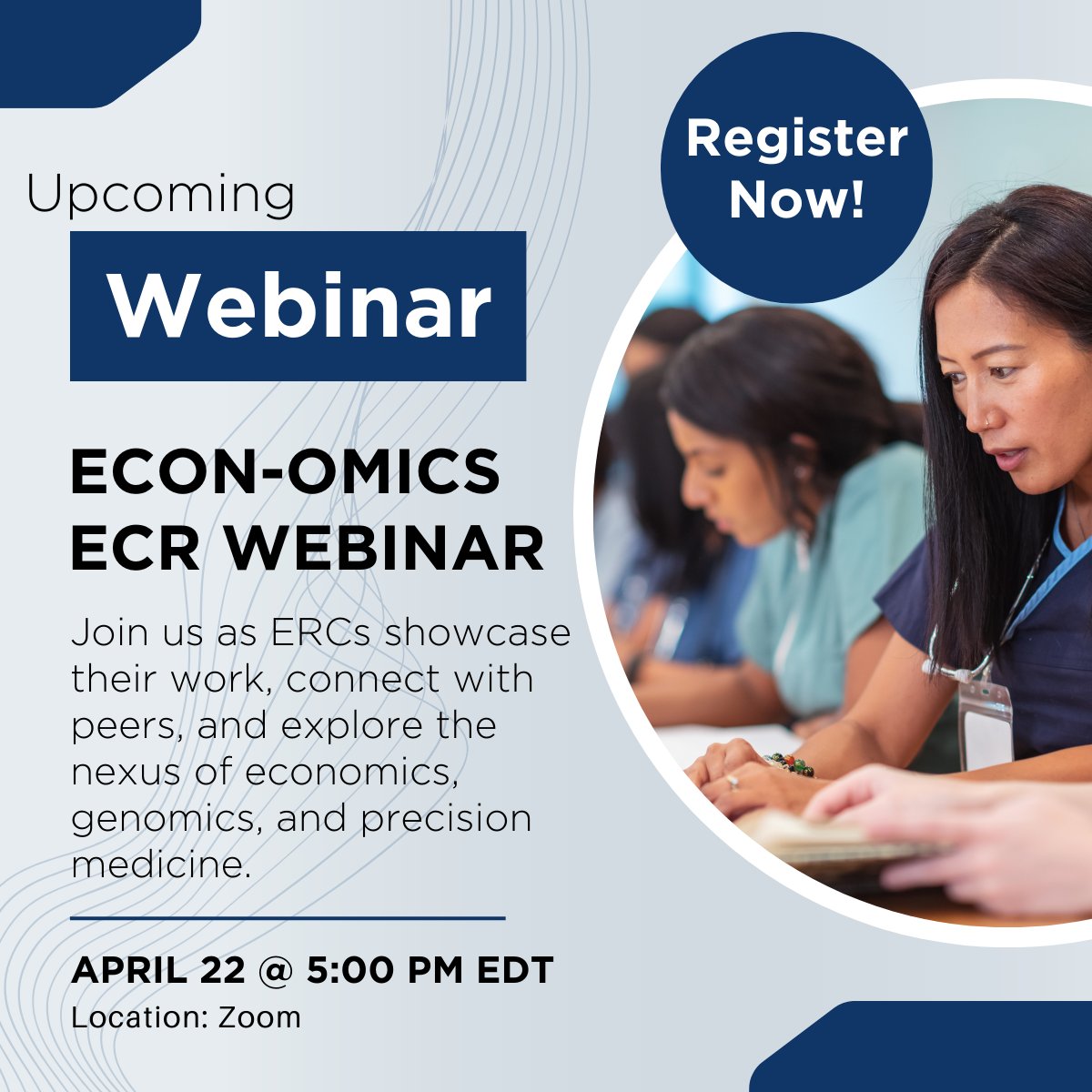 We welcome all ECRs to join us on April 22 at 5:00PM EDT for Econ-Omics ECR Webinar! To learn more about the topics, speakers, and to register visit: healtheconomics.org/event/econ-omi…