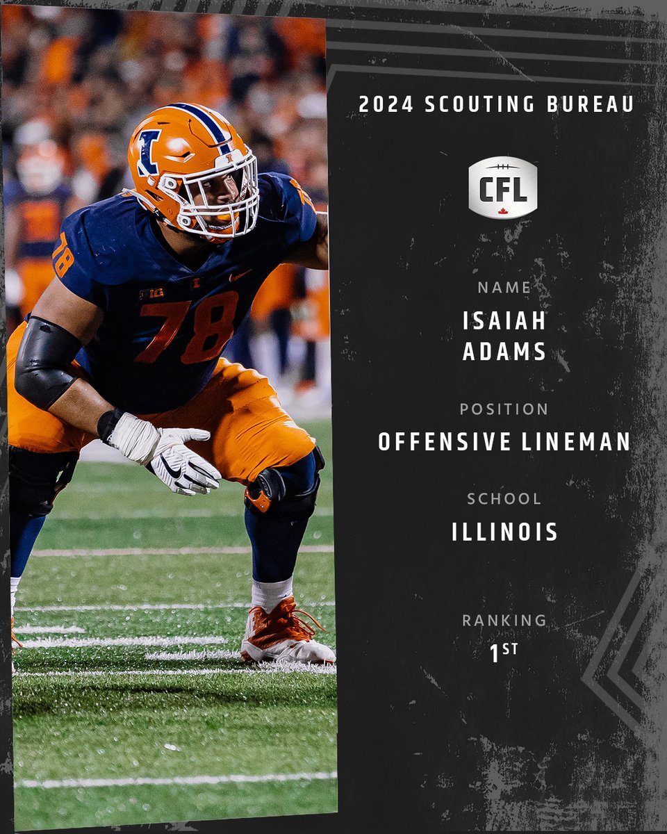 Ajax, Ont. native and @IlliniFootball OL Isaiah Adams sits atop the Spring 2024 #CFL Scouting Bureau 👏 MORE 🗞️: bit.ly/3Q5ZTTE
