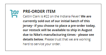 Caitlin Clark jerseys for sale at @Fanatics say they'll ship in August 'due to @Nike's manufacturing times'. Reminds me of the Messi/@InterMiamiCF jerseys, which took months after his MLS signing because of @Adidas production. Shocking we can't figure this out in 2024...