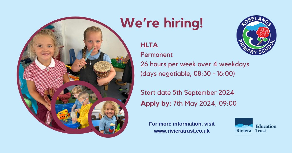 We're looking for a motivated, enthusiastic and creative HLTA to work collaboratively with class teachers to deliver a planned, innovative curriculum for our pupils.  More information here: rivieratrust.co.uk/hlta-roselands/ <a href="/RivieraTrust/">Riviera Trust</a>