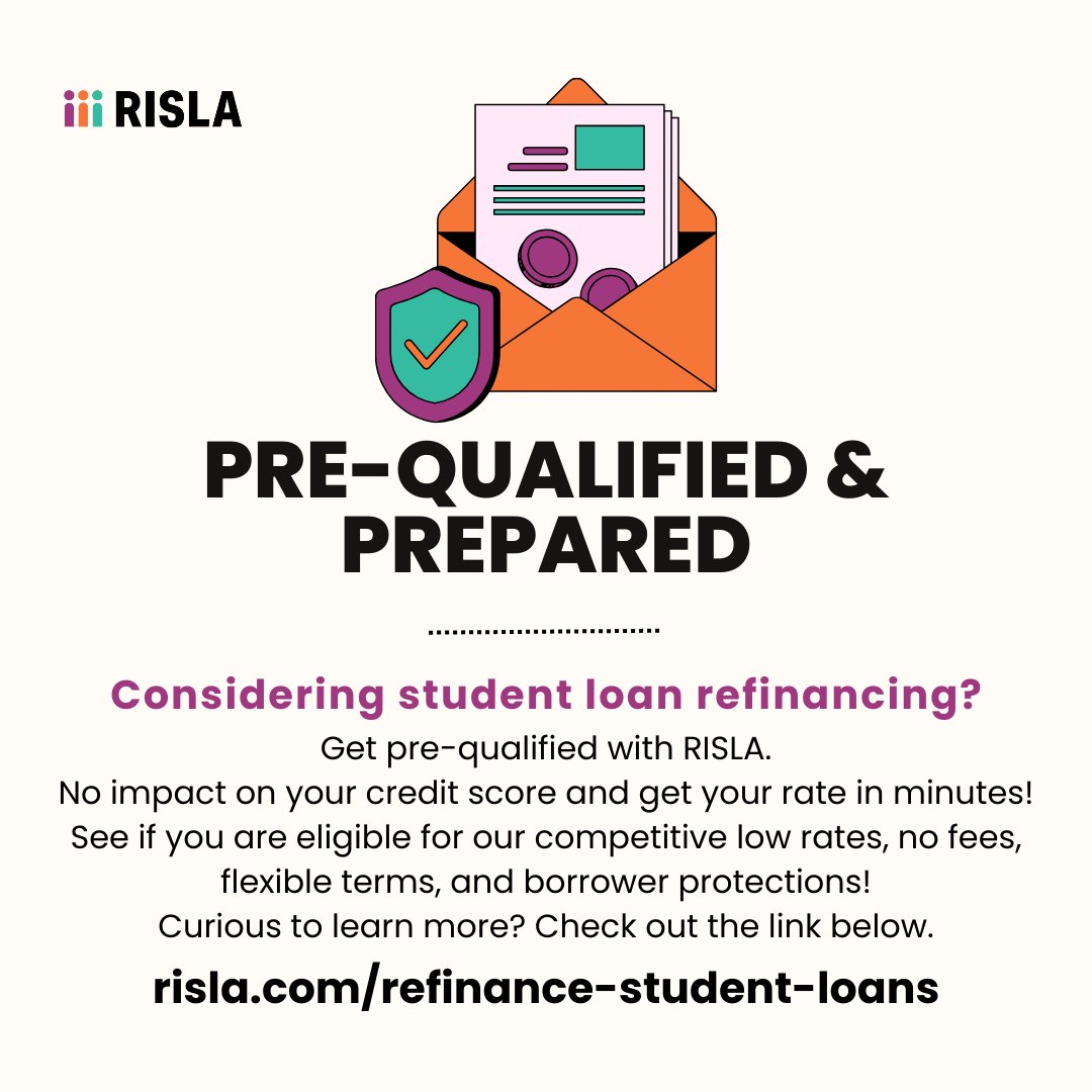 RIStudentLoan's tweet image. Are you considering refinancing your student loans?  It doesn't hurt to try to see if REFI may be right for you by checking your rate with RISLA - hubs.ly/Q02qsbcJ0

#risla #prequalify #creditscore #moneyforcollege #highereducation #refinancing #nonprofit