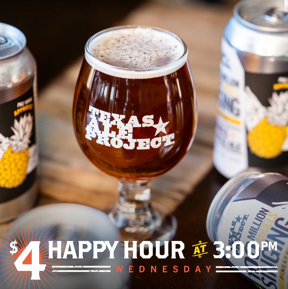 Midweek blues? Not with us! Join us at Texas Ale Project for our $4 Happy Hour starting at 3 pm every Wednesday! 🍻 Let's toast to making it halfway through the week together! Cheers!