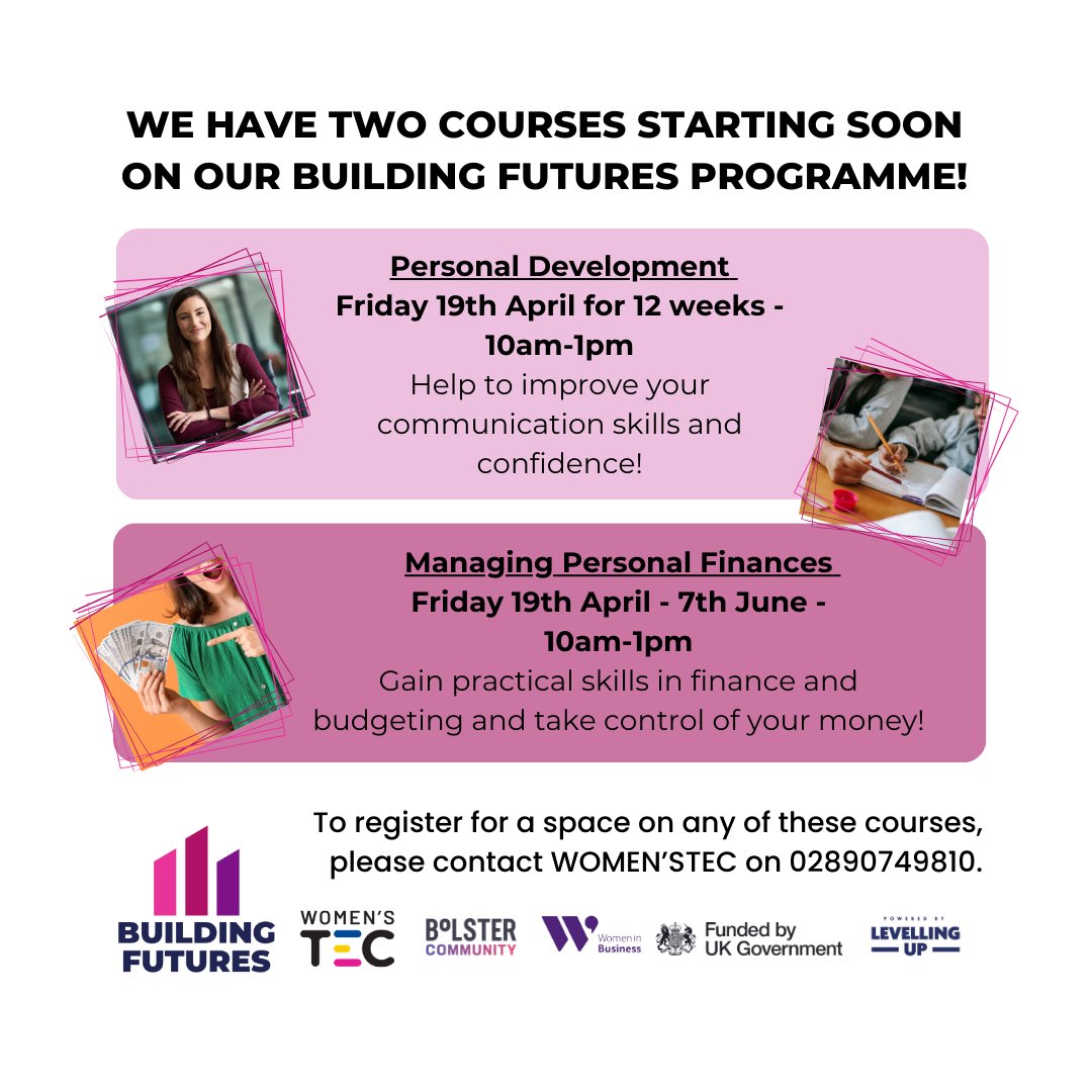 🌟 Limited spots available! Don't miss out on our upcoming Building Futures courses starting this Friday. 🏗️ Contact WOMEN'STEC on 02890749810 for more info! 💪 #BuildingFutures #PersonalDevelopment #FinancialLiteracy #WOMENSTEC