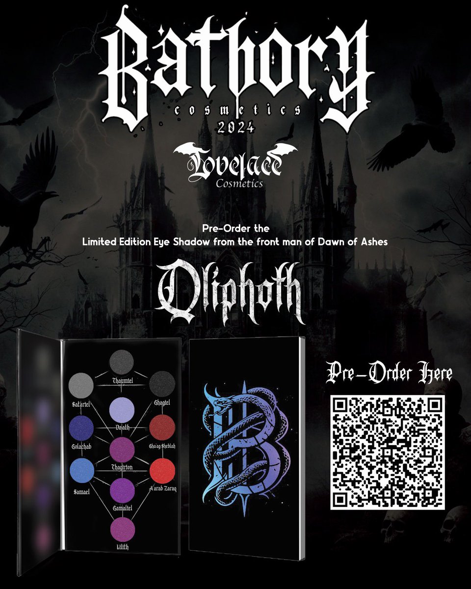 It’s finally here and up for preordering. This amazing new and limited edition eyeshadow palette created by Kristof Bathory from Dawn of Ashes. lovelacecosmetics.com/collections/ba… Follow @bathory_cosmetics_ on Instagram