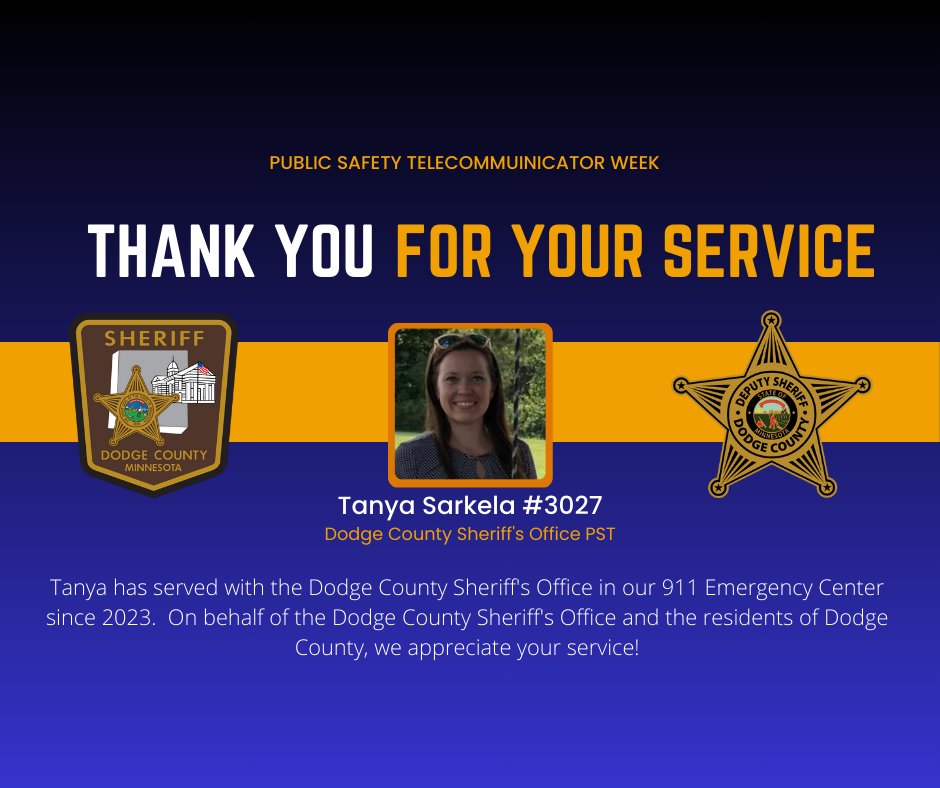 This week we are celebrating our heroes who are heard, but never seen, serving in our 911 Dispatch Center. Tanya is one of these heroes! On behalf of Dodge County and DCSO, we thank you for your service in helping keep our communities and families safe! 🖤💛🖤