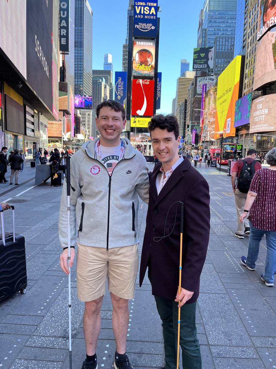 USABA's tweet photo. Meeting of the Team Captains
On Tuesday in Times Square, USA Goalball Men's National Team captain Calahan Young met up with @usablindsoccer Men's National Team captain Charles Catherine. Calahan was in town for the @TeamUSA Media Summit and Charles lives in Brooklyn. https://t.co/9jWk8wKR5v