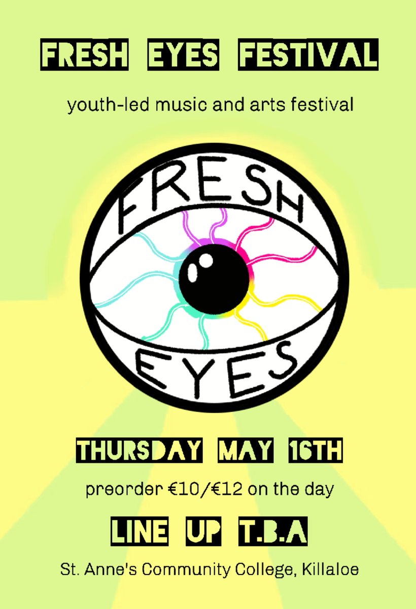 Fresh Eyes Festival is happening Thursday May 16th 2024 in St. Anne's Community College, Killaloe! Music, art, food and fun will be brought to you by our student led festival committee. Keep your eyes open for updates, ticket info & full lineup! #creativeschools @LCETBSchools