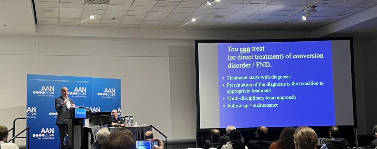 Absolutely riveting discussion of #FND this morning! My take away: Neurologist need to own this. We CAN treat FND and change the lives of patients otherwise these patients exist in the gap between neurology and psychiatry with no help. #AANAM @AANmember