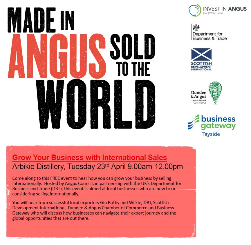 🌎 Made in Angus, Sold to the World: Grow your business with international sales 🌎 This event on 23 April at Arbikie Distillery Experience will help demystify the challenges and highlight the benefits of selling internationally. See more & register - tickettailor.com/events/departm….