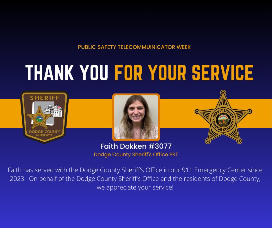 NATIONAL PUBLIC SAFETY TELECOMMUNICATORS WEEK - This week we are celebrating our heroes who are heard, but never seen, serving in our 911 Dispatch Center. Faith is one of these heroes! On behalf of Dodge County and DCSO, we thank you for your service! 🖤💛🖤🇺🇸🇺🇸🇺🇸