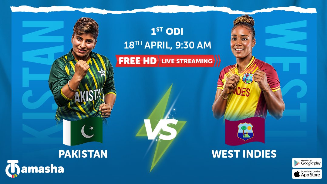 Maidaan sajaya hai hamari women cricketers 🏏 ne! HD mein FREE stream karo Pakistan 🇵🇰 ba'muqabla West Indies ODI series ka pehla match on 18th April at 9:30AM 🕤 LIVE on Tamasha. Download the app now: onelink.to/sg2fps 🤳🏻 #AbDekhTamasha