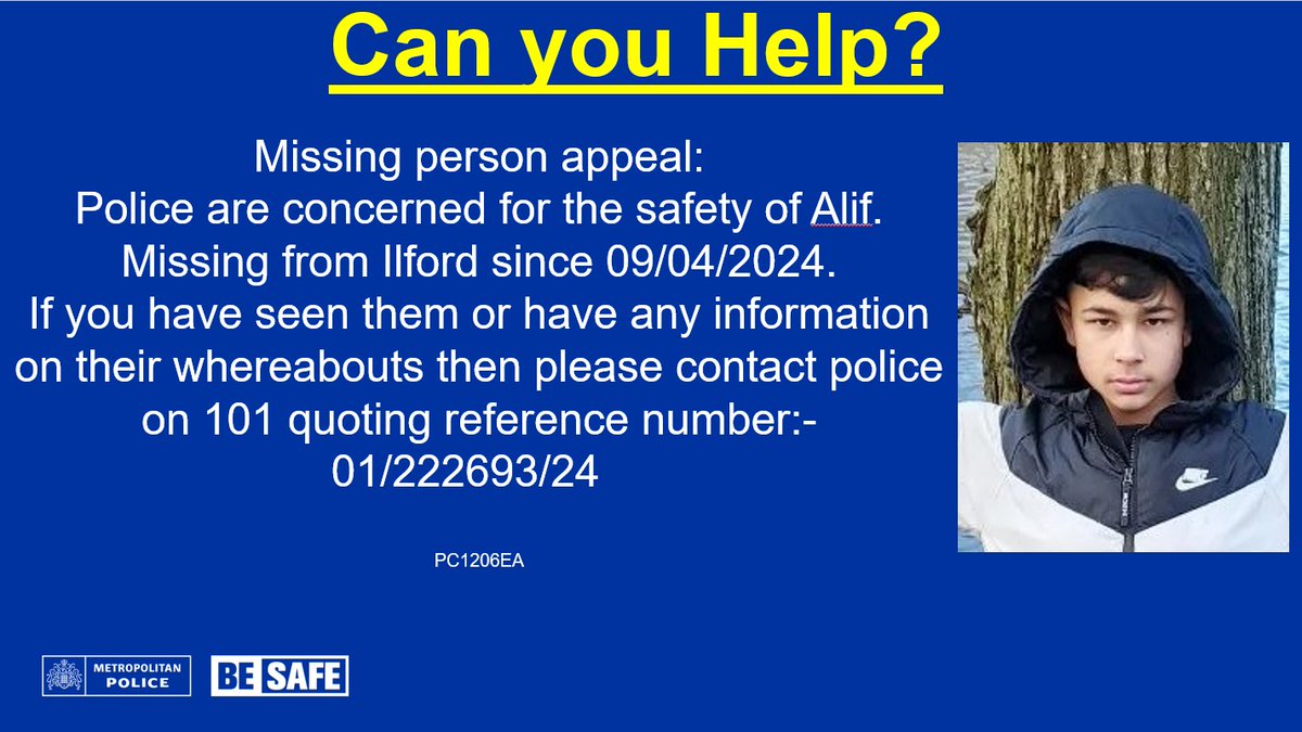 #missing Police are concerned for the safety of Alif. Missing from Ilford since 09/04/2024. If you have seen them or have any information on their whereabouts then please contact police on 101 quoting reference number 01/222693/24 @RedbridgeLive @IlfordRecorder @LocalCrimeBeats