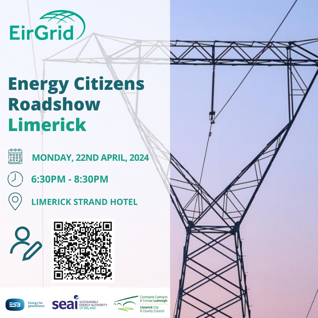 🌍 Energy Citizens Roadshow in Limerick! 🌟 Learn about home energy efficiency, retrofitting grants, and microgeneration with @EirGrid. 📅 Apr 22 🕒 6:30 PM 📍 @limerickstrandhotel Features experts from @esbnetworks @seai_ie 🔗 Register now: consult.eirgrid.ie/en/content/eir… @limerick_ie