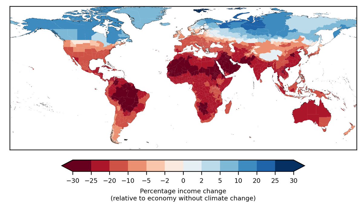 38 Billionen Dollar Schäden pro Jahr: 19 Prozent Einkommensverlust weltweit durch Klimawandel. 👉Neue PIK Studie in @Nature von @KotzMaximilian , @Leonie_Climate , @ALevermann , Grafik: Kotz et al., Nature pik-potsdam.de/de/aktuelles/n…