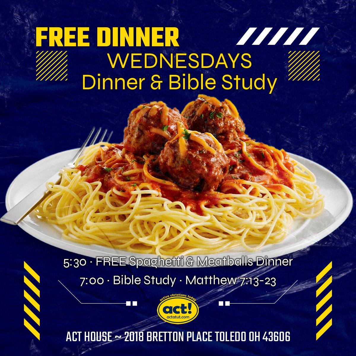 actatut's tweet image. 5:30 tonight we have spaghetti and meatballs on the menu! Join us for our FREE dinner and stay for study at 7 as we look at Matthew 7:13-23. See you tonight! actatut.com