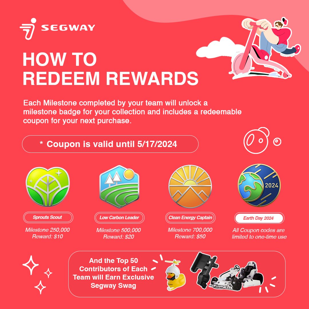 ♻️ The gift that keeps on giving - Earn badges, coupons, & #GoGreenRideClean (Coupons valid until 5/17/24). Milestones are completed based on your team’s overall performance. The top 50 riders of each team will earn ✨ exclusive ✨ #Segway swag. * U.S. ONLY