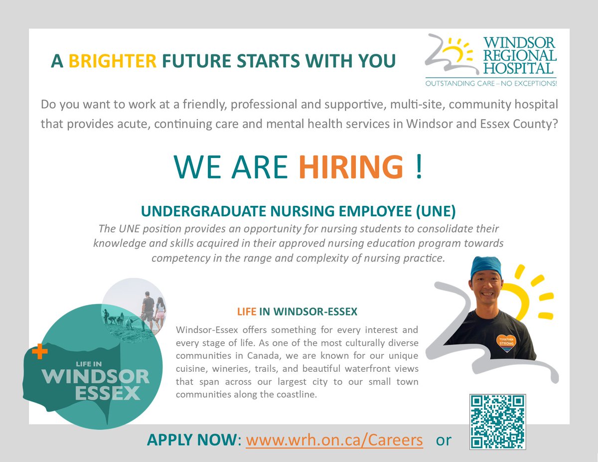 Join the Windsor Regional Hospital Team TODAY! Calling all RPN and RN students!!! Become an Undergraduate Nursing Employee. Apply your education and knowledge by working in a supportive team environment. For a full list of current opportunities visit: wrh.on.ca/Careers