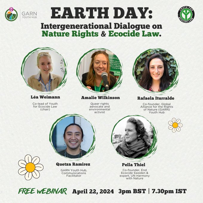 As passionate advocates for ecocentric laws, #EarthDay2024 provides a fantastic opportunity to delve deeper and explore the interrelationship between ecocide law and the rights of nature. Join us at 3pm BST 

Registration Link: us02web.zoom.us/webinar/regist…

#youth #StopEcocide #law