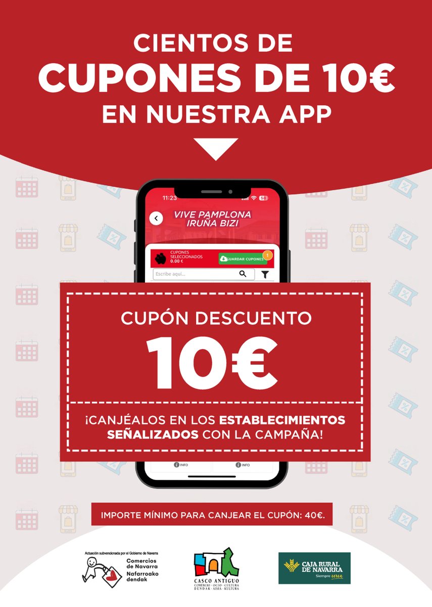Y en 2º lugar iniciamos la campaña de cupones digitales "Cientos de cupones de 10 € en nuestra app", por la que si compras por un  mínimo de 40 € y tienes descargada la app "Vive Pamplona"  podrás beneficiarte de este  descuento. Busca los comercios en nuestra web y en la  app.