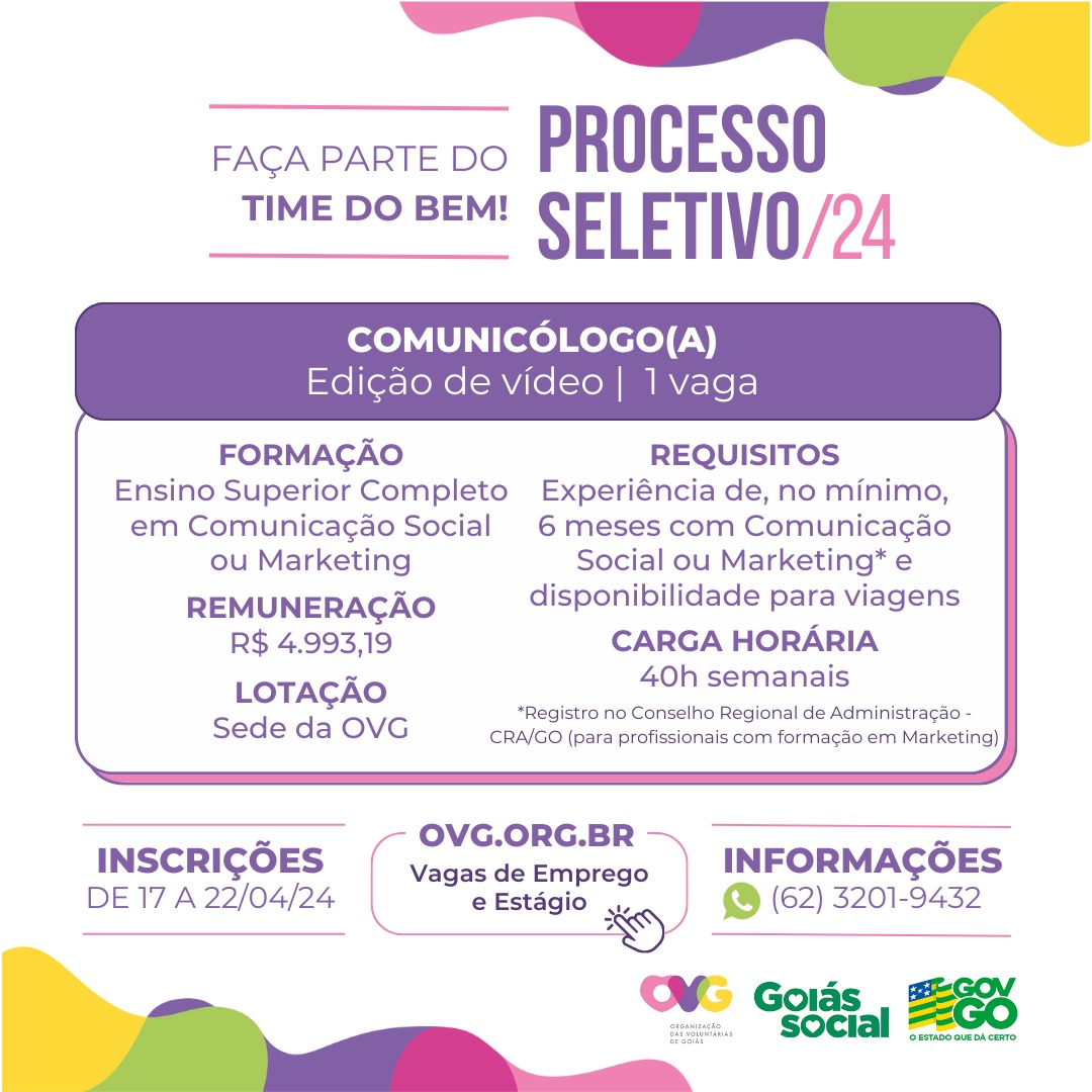 ovgoficial's tweet photo. 🗣️ ATENÇÃO, galera da COMUNICAÇÃO SOCIAL e do DESIGN! Temos oportunidades para vocês!

São 3 vagas:
➡️ Editor de Vídeo
➡️ Social Media
➡️ Designer gráfico 

📱 Todas as informações estão disponíveis no site da OVG (https://t.co/SNZ2JdI2wv), na seção “VAGAS DE EMPREGO E ESTÁGIO”. https://t.co/WlqQeZetoz