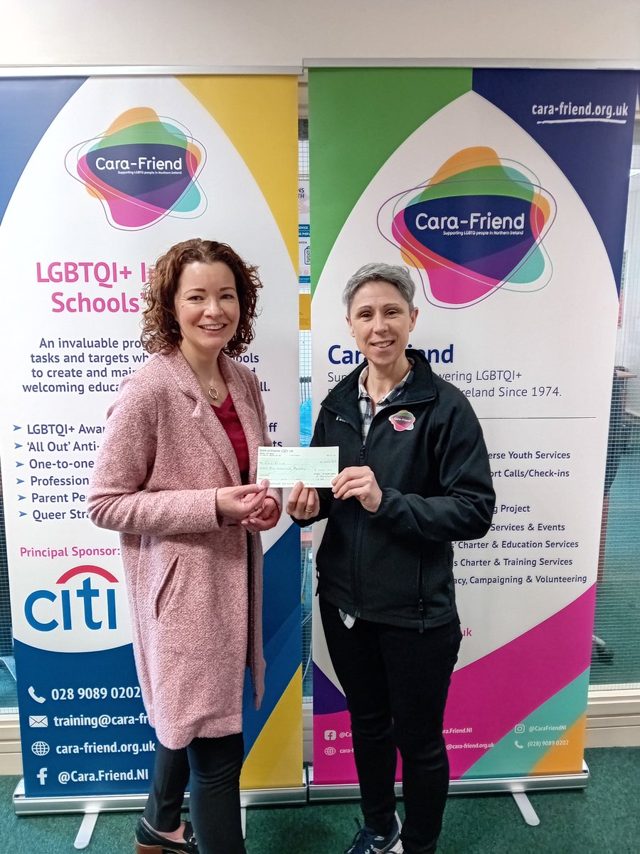 Cara-Friend would like to offer massive thanks to @Translink_NI whose LGBT+ Network & Charity Committee have raised £1000 in support of our services. The donation is also in recognition of the training and support Cara-Friend have provided to Translink staff.