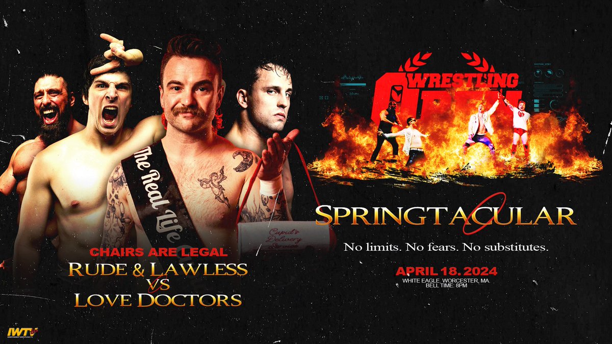 OFFICIAL: After RJ & Rex attacked Landon & Doug with chairs, there was only one way this could end! CHAIRS ARE LEGAL! RUDE & LAWLESS 🆚 THE LOVE DOCTORS 📺: @indiewrestling 🎟️: $10 at the door Advanced 🎟️: shopiwtv.com/collections/wr… #WrestlingOpen