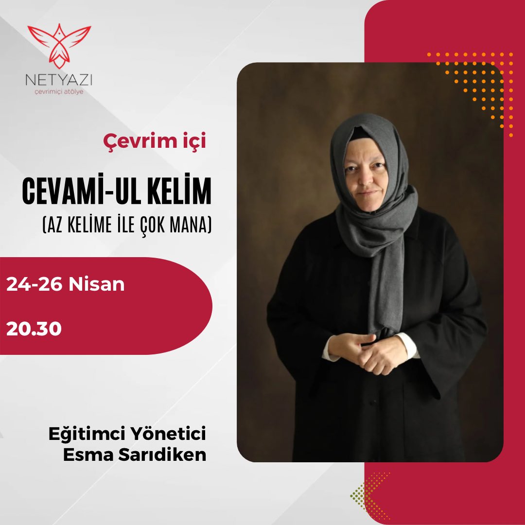 Resulullah (sav) “Ben Cevami-ul Kelim üzere gönderildim” buyuruyor. 

Türkiye’de bir ilk olan az kelime ile çok mana ifade etmeyi anlatan Cevami-ul Kelim Eğitimine sizleri davet ediyoruz.

3. oturum daha küçük gruplar halinde planlanıp 1. ve 2. oturumu alanlarla planlanacaktır.