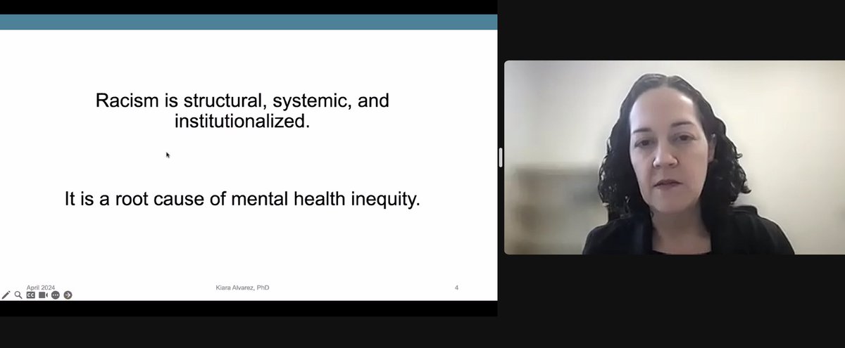 #SRS24 One of our previous webinar presenters, @kalvarezphd is currently presenting, The Structural Racism and Suicide Prevention Systems Framework: A Collective Call to Action. Kiara calls us to focus on all of us to address racism in our suicide prevention efforts. #EndStigma