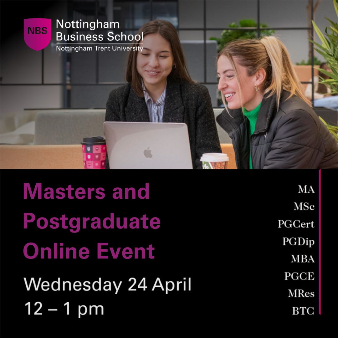Join us for our Masters and Postgraduate online event, on 24 April at 12 – 1 pm! This is your opportunity to speak to course tutors and find out about funding, admissions and support. Discover more about postgraduate study and book our online event now: ntu.ac.uk/pgevents