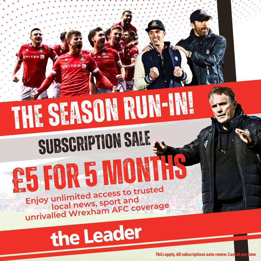 The Leader has launched a new offer to Reds supporters. You can enjoy unlimited access to unrivalled Wrexham AFC coverage for the price of just £5 for five months. More details on how to sign up here. leaderlive.co.uk/subscribe/