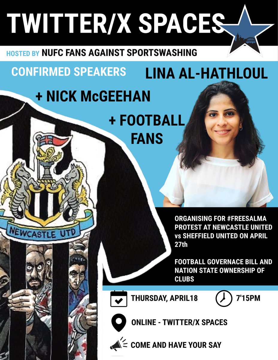 Tomorrow at 7:15pm UK time, @LinaAlhathloul will be speaking in a Twitter/ ’X’ Space, hosted by @NoSaudiToon. The event will address the problems with state ownership of football clubs, and promote upcoming fan-led protests in support of detained #Saudi activists.