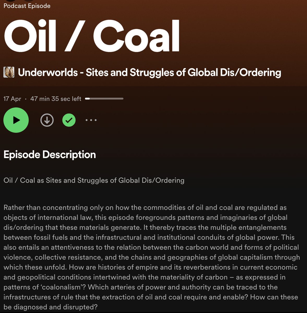 Check out our second episode of the #Underworlds Podcast with brilliant @kulamadayil and On Barak on *Oil / Coal as Sites and Struggles of Global Dis/Ordering* 👇 open.spotify.com/show/7Ao1I3QfM…