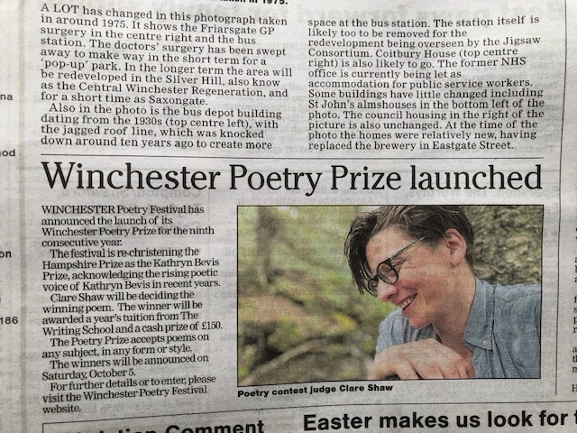 📰 Did you see Winchester Poetry Prize 2024 in @hantschronicle? It's thrilling to get printed press coverage, and this was no different! Find out about the comp, our judge @ShareClaw and the Kathryn Bevis Prize 👉🏾winchesterpoetryfestival.org/prize Thanks to @Writing5chool @ParisSmithLLP
