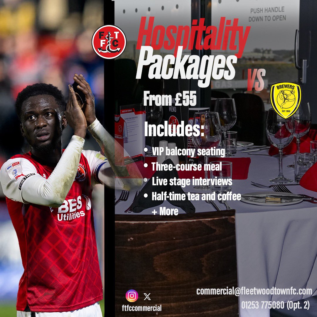 🌟 Make matchday unforgettable! 🌟 Join us for an unforgettable hospitality experience as we go head-to-head with Burton Albion FC on April 27th. From gourmet cuisine to premium padded seating, our hospitality package has it all. Don't miss your chance to be part of the action –