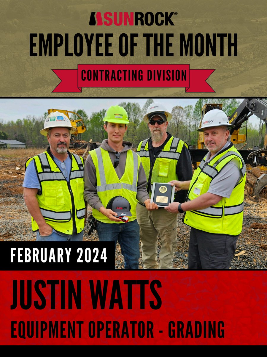 Join us in congratulating Justin Watts for receiving Employee of the Month for February! Justin is an Equipment Operator on one of our Grading Crews and has been with us since March of 2023. He also recently celebrated his one year anniversary!

#Sunrock #EmployeeOfTheMonth #EOTM