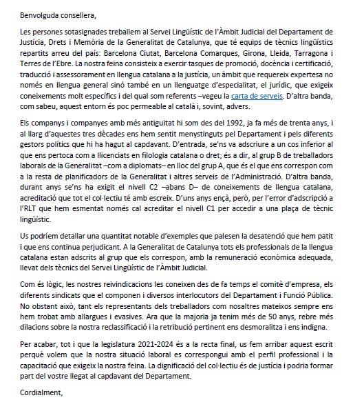 LinguistesJust's tweet photo. Avui hem adreçat una carta a la consellera de Justícia, Drets i Memòria on li expliquem la nostra situació laboral. La podeu llegir clicant la imatge adjunta. https://t.co/L5WNnkrFP4