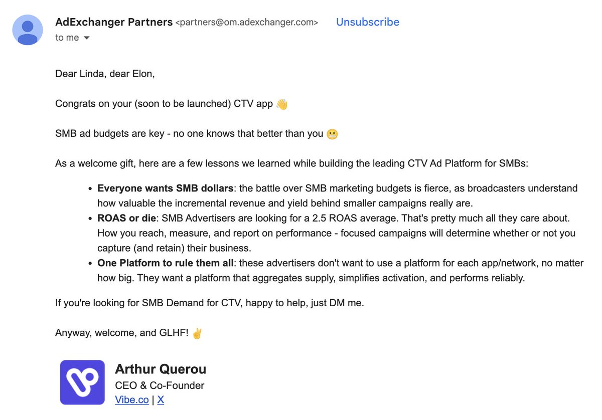 Hey @elonmusk, check your inbox! 🚀 
 
We heard X was launching its own #CTVapp, so we thought we'd send over some tips. 

As the leading #StreamingTV ad platform for #SMBs, we've seen it all and we're ready to share insights gathered over thousands of campaigns. 

Call us. 😉