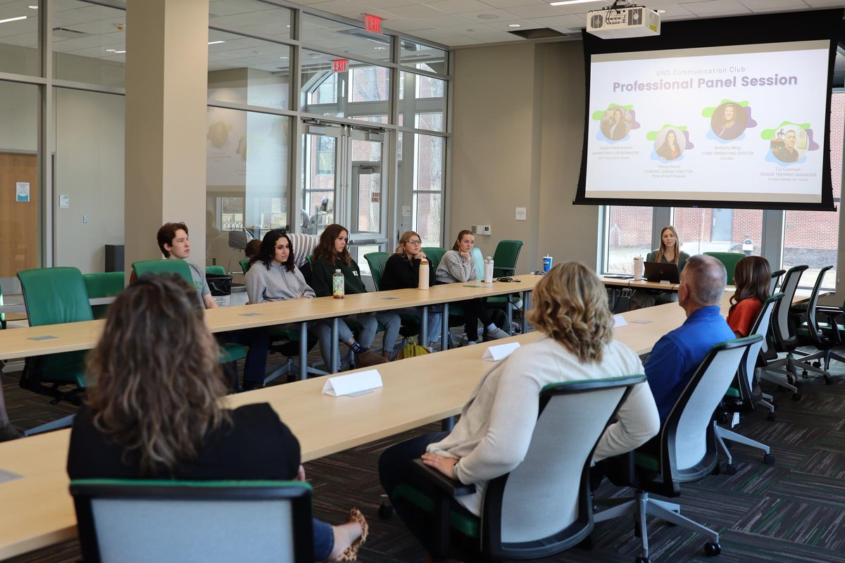 The Communication Club hosted a Professional Panel! Students were able to hear about how different careers use communication & seek advice from professionals from different backgrounds. Thank you to the COMM Club, the panelists, & Dr. Joonghwa Lee for photos! #UNDproud #UNDcomm