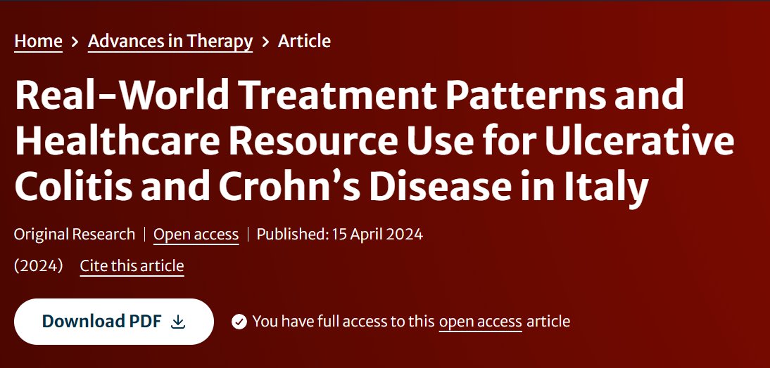 'Real-World Treatment Patterns and Healthcare Resource Use for Ulcerative Colitis and Crohn’s Disease in Italy' available #OpenAccess here: link.springer.com/article/10.100… #IBD