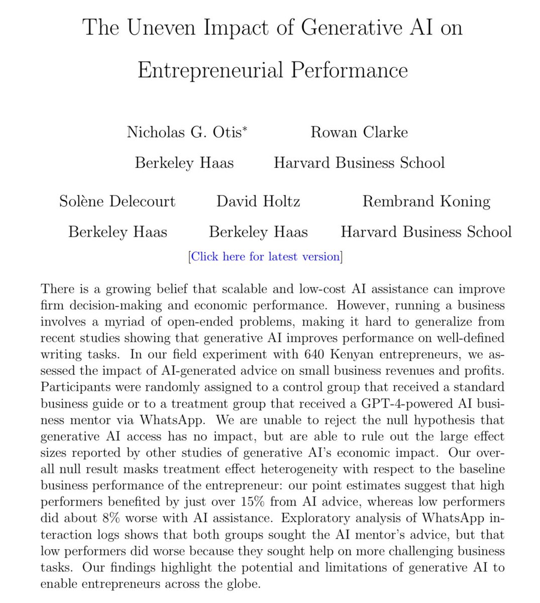 I would love to see more work on AI as advisor to humans, rather than AI just doing work. This controlled study in Kenya found top small business entrepreneurs got a stunning 15% boost in profits when given an AI mentor, but low performers struggled with mentorship & did worse.