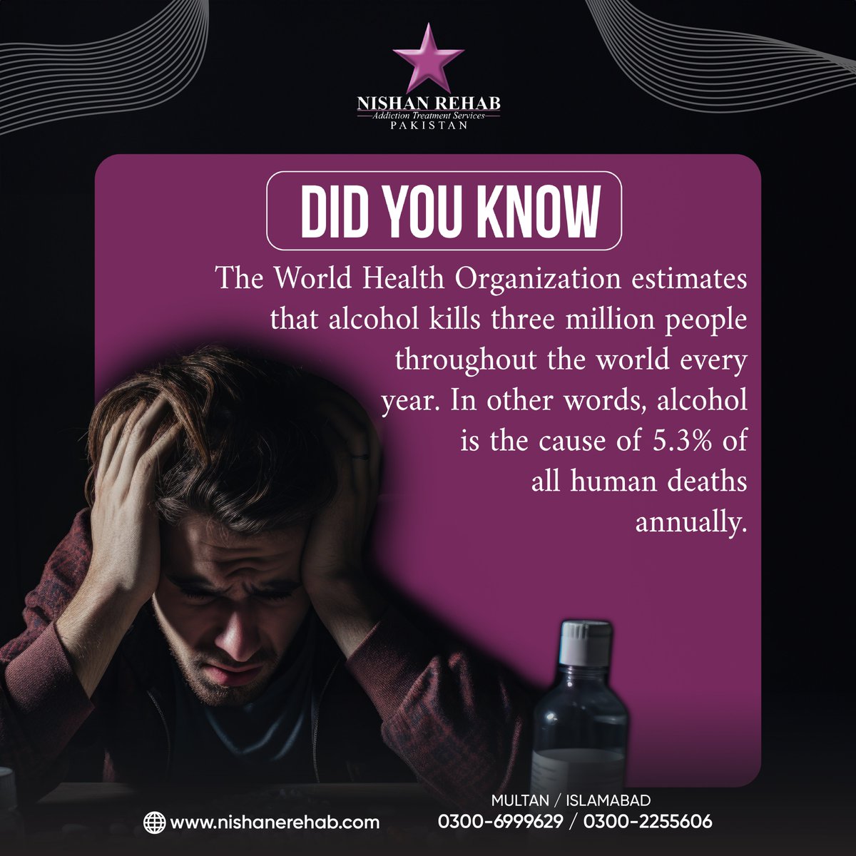 At Nishan Rehab, we're addressing the stark truth: three million lives are lost to alcohol yearly.
Our clinic provides tailored rehabilitation programs, 
#didyouknow #AlcoholAwareness #RecoveryJourney #AddictionTreatment #NishanRehab