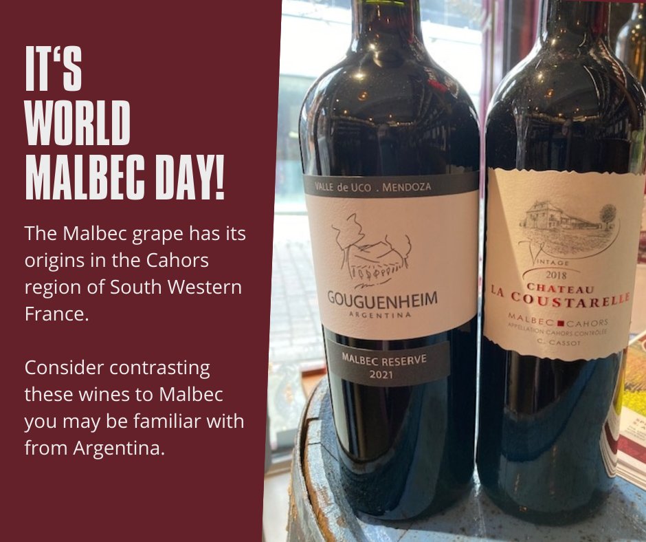 It's #WorldMalbecDay! Familiar with #Malbec from #Argentina? The grape originates from the #Cahors region of SW France. We'd welcome your feedback on how these wines contrast.
See range at: tinyurl.com/5e2kv76u
#Malbec #winesoffrance #wineshop #Nottingham