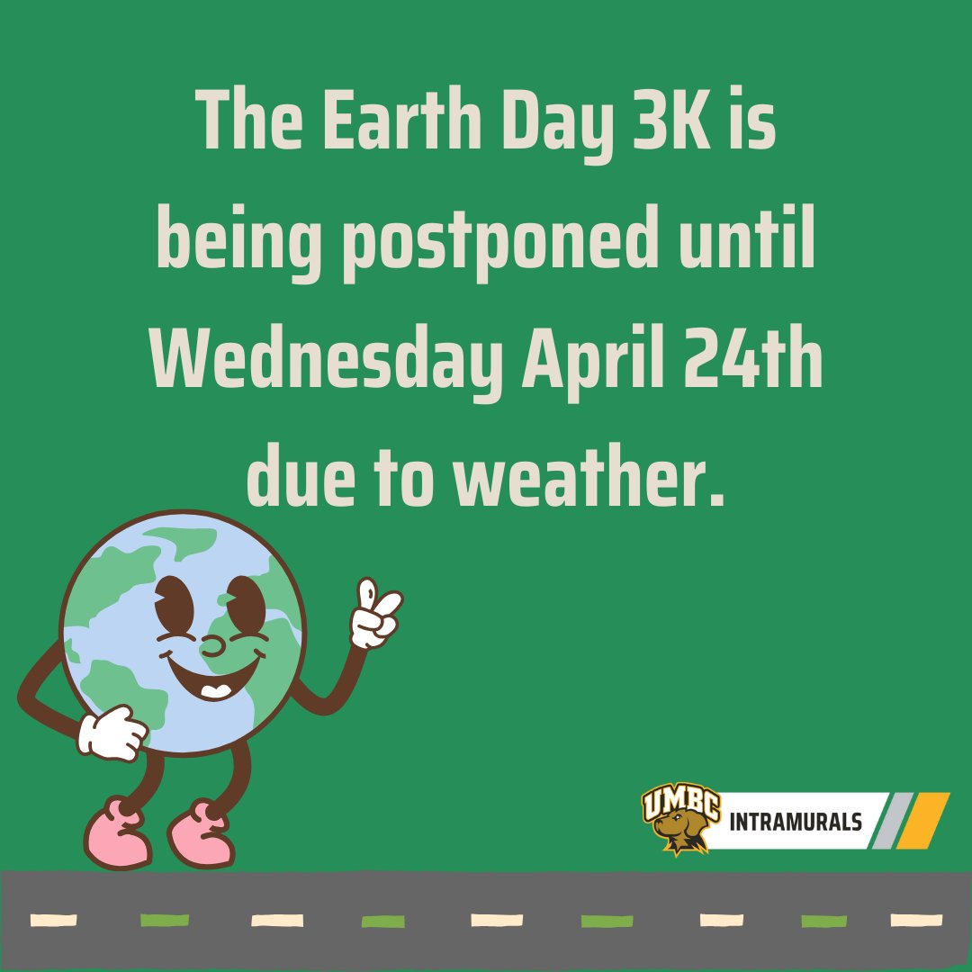 The Earth Day 3K has been postponed until next Wednesday, April 24th. We will see you there! #GetActive