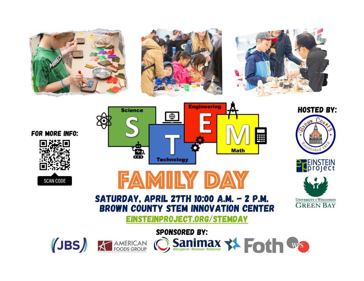 Mark your calendars for STEM Family Day! Don’t miss out on some family fun at the Brown County STEM Innovation Center! An event with tons of hands-on activities for kids of all ages. It will keep them busy for hours! 
@uwgb @einsteinproject @browncountywi @Greenbaywater