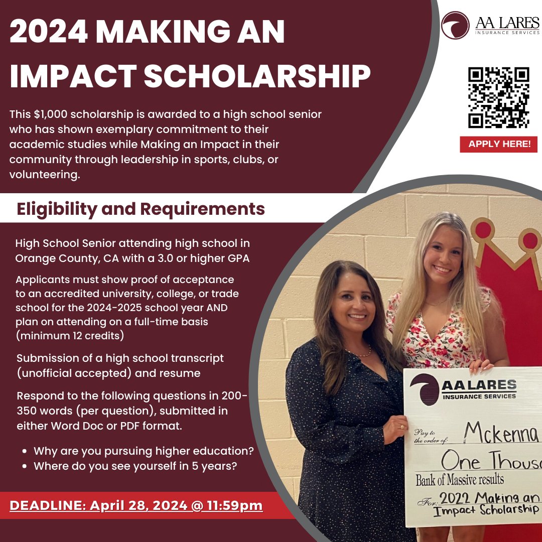 Applications for AALI's 2024 Making an Impact Scholarship are now OPEN! 

#AALI #LaresInsurance #ReferralRewards #MakingAnImpact #LaresGoesLocal #ServingCustomersForLife  #HealthInsurance #InsuranceAgent #InsuranceInsights #CultivatingConnection