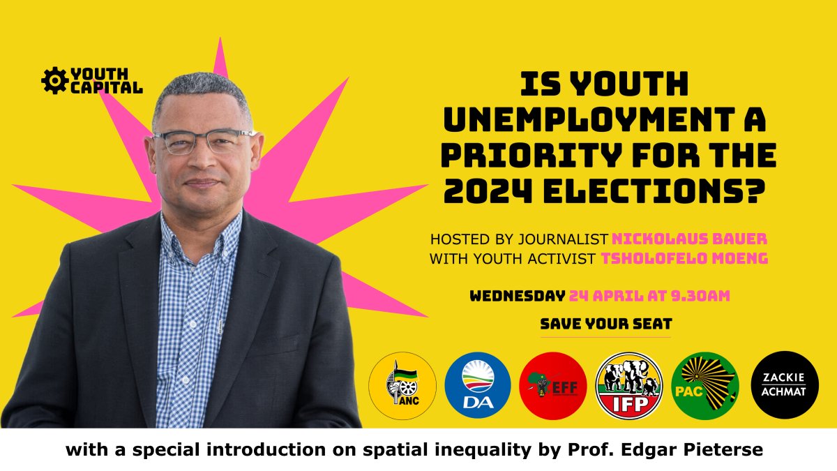 In our fourth episode of yes or no, we're asking the @myanc_, @our_da , @effsouthafrica @inkathafreedomparty @mypaconline and @zackie2024 about elections & spatial inequality on Wed, 24 April at 9.30am. Save your seat today bit.ly/3UgIREB #elections2024 #youthcapital