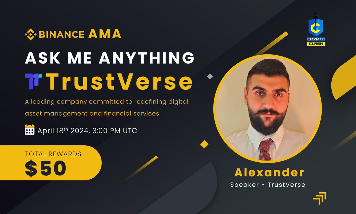 🎙Don't miss the opportunity to join us for a #BinanceLiveAMA with TrustVerse. ◾️Leading company committed to redefining digital asset management. 🕰 18th April, 3 PM UTC 💰 50$ USDT. 🏛 Venue: binance.com/en/live/video?… 📌 Rules: 1️⃣ Follow @TrustVerse_Vip 2️⃣ Like & Retweet.