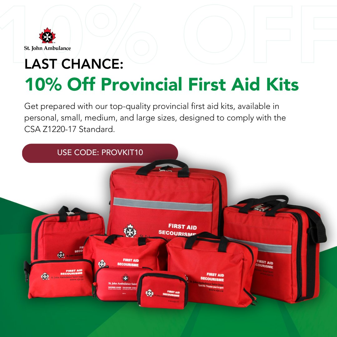 Time's running out! 🚨 Our April promotion on provincial first aid kits is ending soon! Don't miss your chance to save 10% on all sizes, from personal to large, designed to comply with the CSA Z1220-17 Standard. Use code PROVKIT10 at checkout. Shop Now: sja.ca/en/shop/first-…