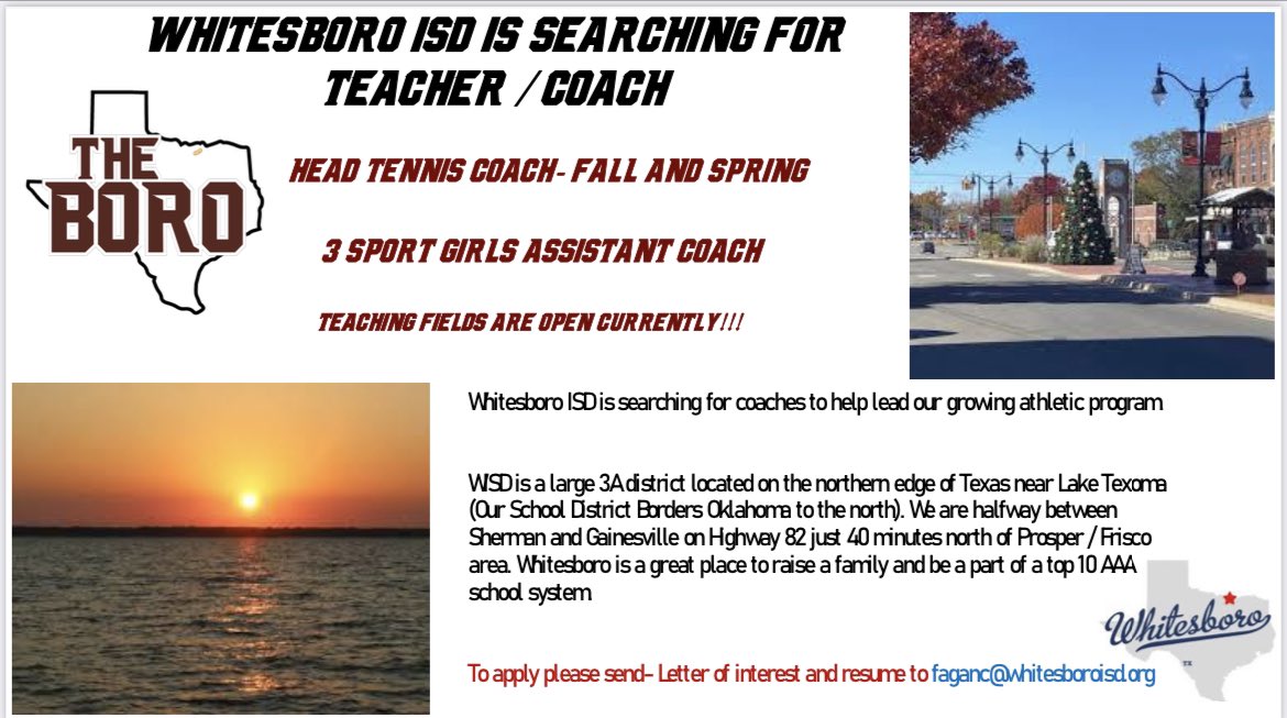 Coach_Fagan30's tweet image. Whitesboro ISD in North Texas is looking for a few good coaches. @WISDBearcats
Please send letter of interest and resume to faganc@whitesboroisd.org